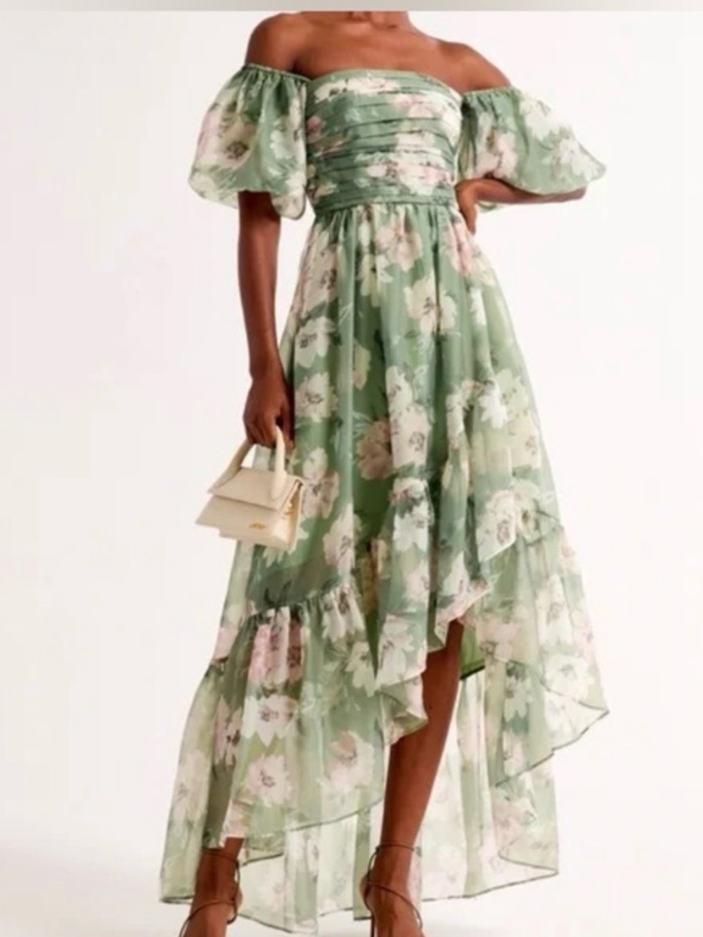 Abercrombie & Fitch Emerson Sage Green Floral Off-Shoulder High-Low Maxi Dress